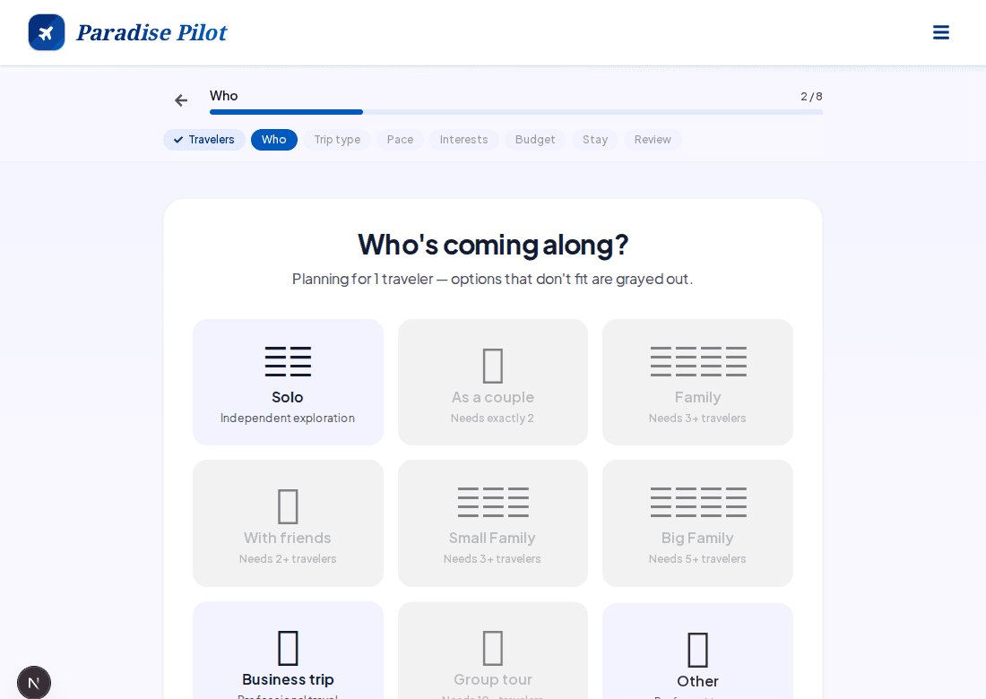 Guided planner with smart who-is-traveling options