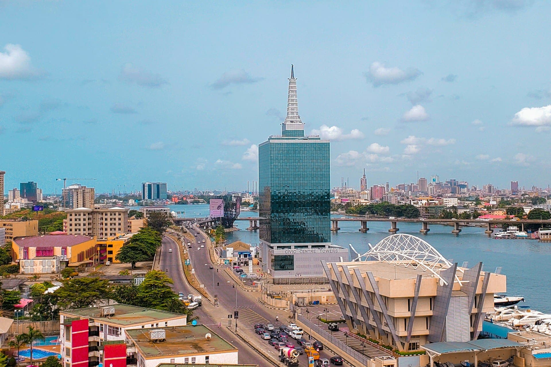 Lagos, Nigeria city waterfront with Civic Centre Towers and skyline